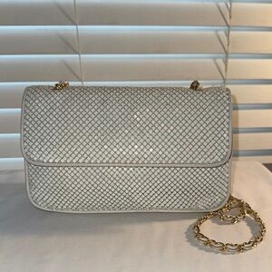 Whiting & Davis White Mesh Evening Bag Gold Chain Crossbody Purse Vintage Bridal